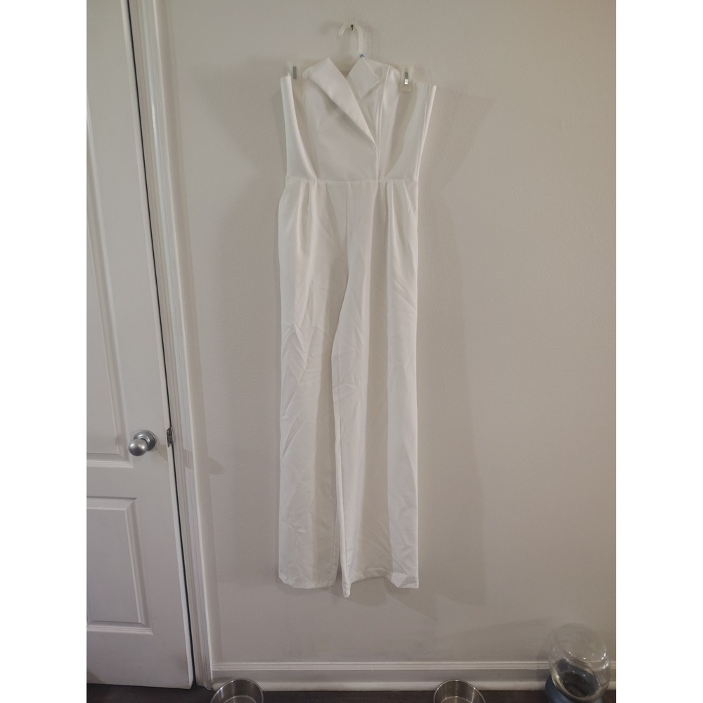 M.O.R.A Fashion White Strapless Tuxedo Lapel Wide Leg Jumpsuit‎ Womens Medium